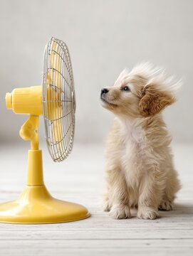 Cute fluffy puppy sitting in front of a yellow fan, enjoying the breeze on a warm day. The minimal indoor background and the dog's expression create a humorous and heartwarming summer-themed 