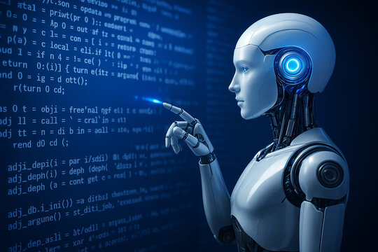 AI generated futuristic robot analyzing digital code interface with precision and intelligence in a high-tech sci-fi environment - Powered by Adobe