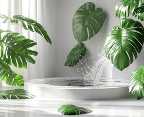 Floating tropical foliage surrounding a white pedestal fountain.