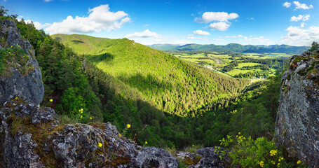 Panoramic photo of the spring mountain. Fabulous sunrise and sunset in the mountains, amazing nature