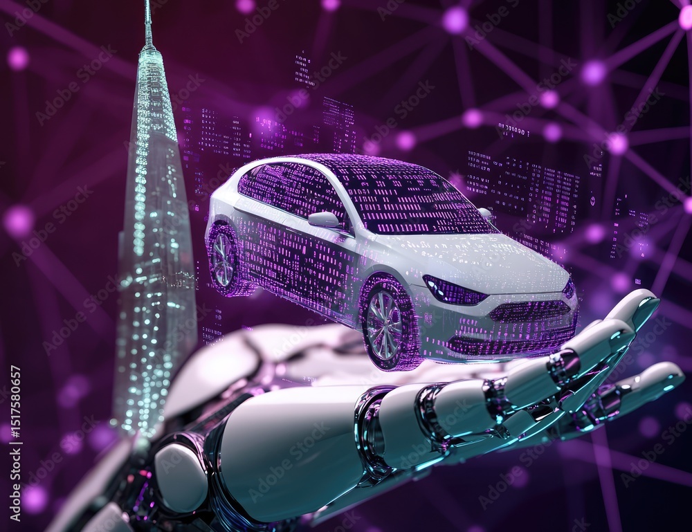 Fototapete A robot hand holding an icon of the silhouette of a car, on a purple background with binary code all over it.