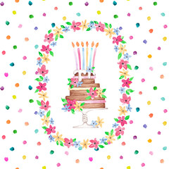 Happy Birthday card design. Hand drawn cake with candles, flowers and confetti. Watercolor illustration. Bright colorful clip art for greeting card, banner, invitation