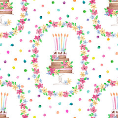 Birthday cake on a bright dotted background. Cheerful seamless pattern. Cute festive design hand painted with watercolor. Bright colorful seamless tile