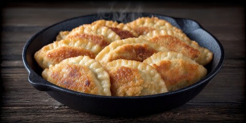 Fototapeta premium Savory golden brown dumplings served hot in a cast iron skillet creating a mouthwatering culinary experience showcasing texture and flavor in an appealing rustic setting