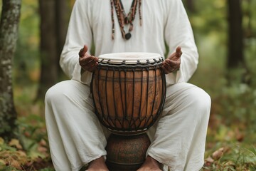 Man in white clothing sitting outdoors, playing a djembe drum with hands, surrounded by trees and natural environment
