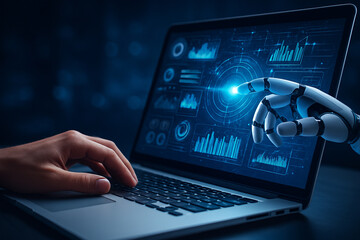 AI generated closeup of human hand typing on laptop while robotic hand interacts with holographic interface representing real time AI collaboration data processing and future digital synergy