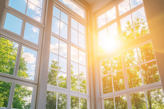 Sunlit room with large windows showcasing a vibrant green tree view and bright blue sky