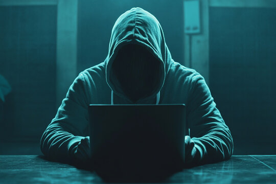 Hooded figure using laptop in dim light mysterious scene online activity internet security