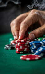 Fototapeta premium Hand of a player stacking colorful poker chips on a green felt table, surrounded by smoke, capturing the excitement and tension of a high-stakes gambling game atmosphere