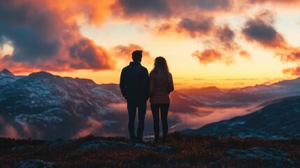 Obraz premium Caucasian couple enjoying sunset mountain view in winter landscape