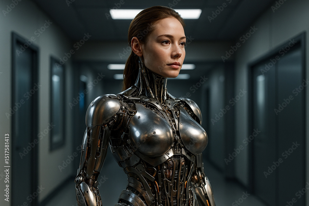 Poster ai generated image of a humanoid female android with chrome body and realistic human face standing c