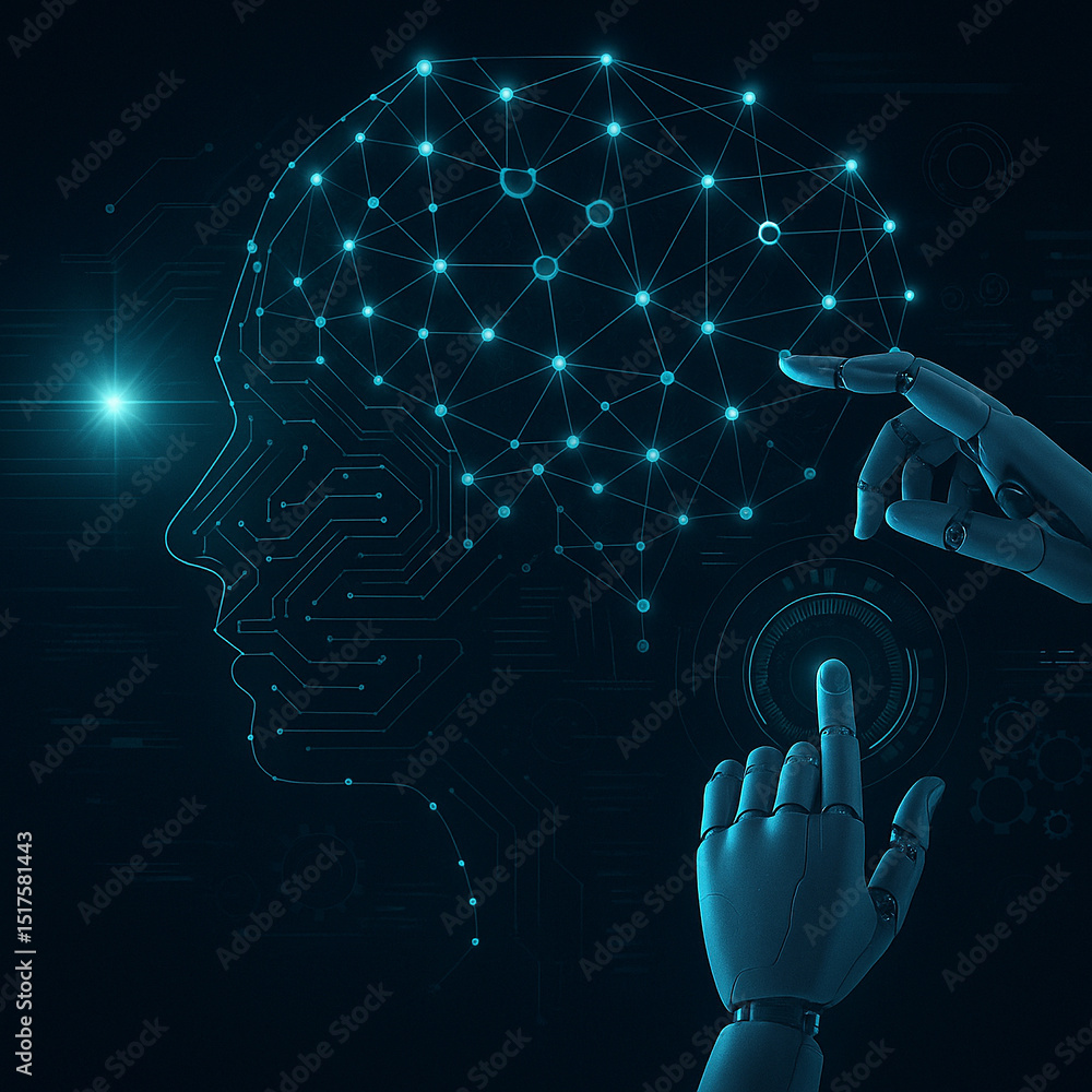 Poster ai generated image of robotic hands interacting with digital brain inside human head outline made of