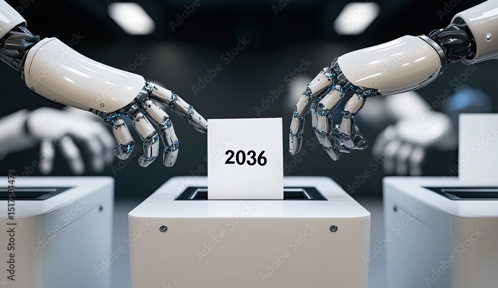 Poster a robot hand holding an icon of the silhouette of a car, on a purple background with binary code all