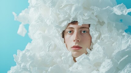 Young caucasian male surrounded by white tissue against blue background