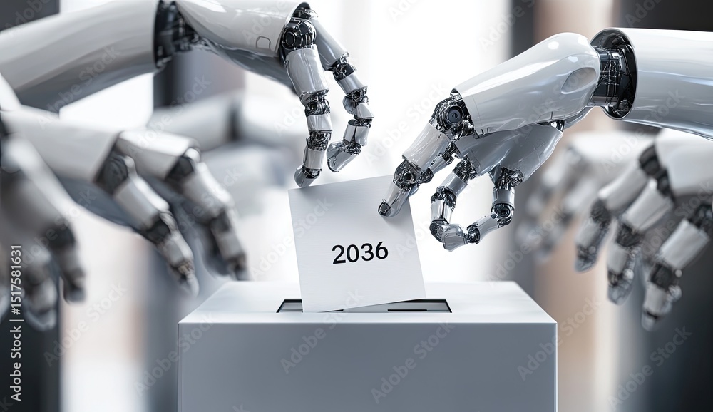 Poster a robot hand holding an icon of the silhouette of a car, on a purple background with binary code all