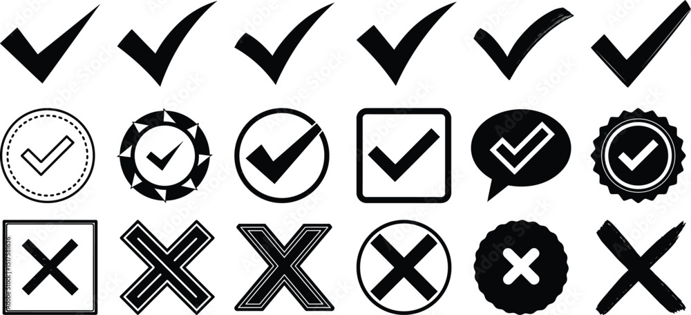 Poster check and cross icon set black vector symbols isolated