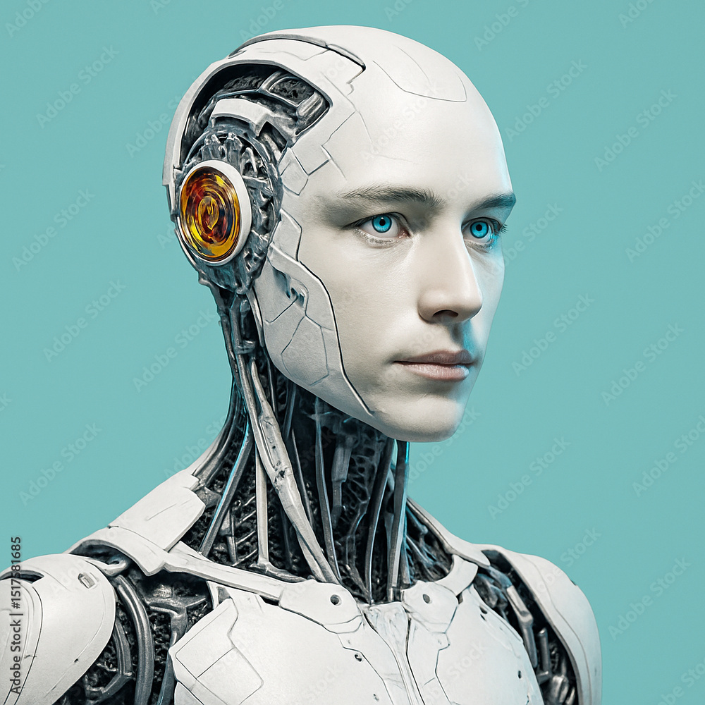 Aufkleber ai generated realistic humanoid robot with blue eyes and exposed circuits standing against a clean b