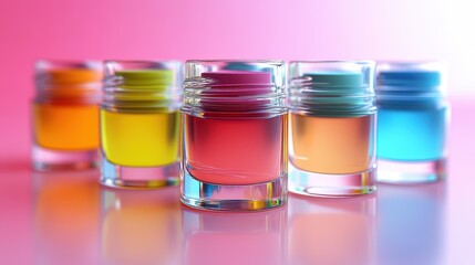 Colorful jars with liquid on pink background reflecting light