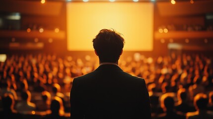 Young caucasian male speaker facing audience in theater during presentation