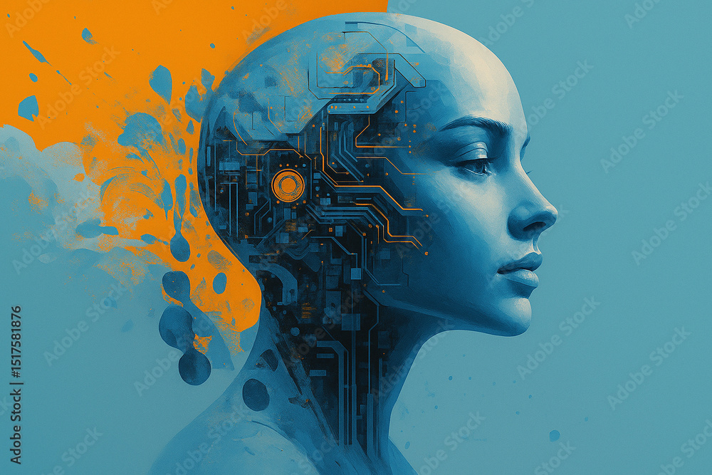 Poster ai generated digital artwork of a futuristic female android with a calm human face on one side and v