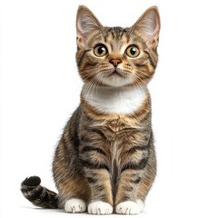 Adorable young tabby kitten with striking yellow eyes and soft striped fur sitting on a white background, looking directly at the camera with alert curiosity