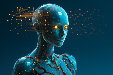 AI generated image of a translucent humanoid android with glowing golden eyes and digital data streams extending from the head symbolizing advanced intelligence and networked consciousness