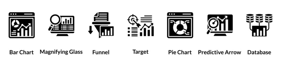 Obraz premium Data analytics glyph icon set. bar chart, magnifying glass, funnel, target, pie chart, predictive arrow, database