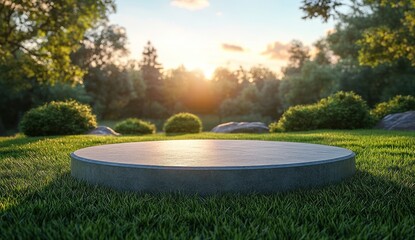 Circular stone platform in a grassy outdoor setting at sunset.