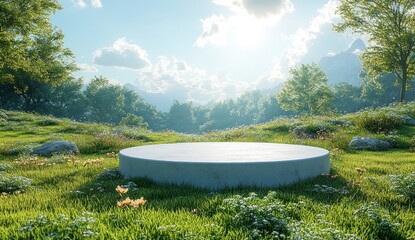 Empty round platform in a lush mountain landscape.