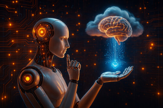 AI generated image of futuristic humanoid robot gently interacting with glowing cloud shaped brain symbolizing artificial intelligence cloud computing and digital consciousness