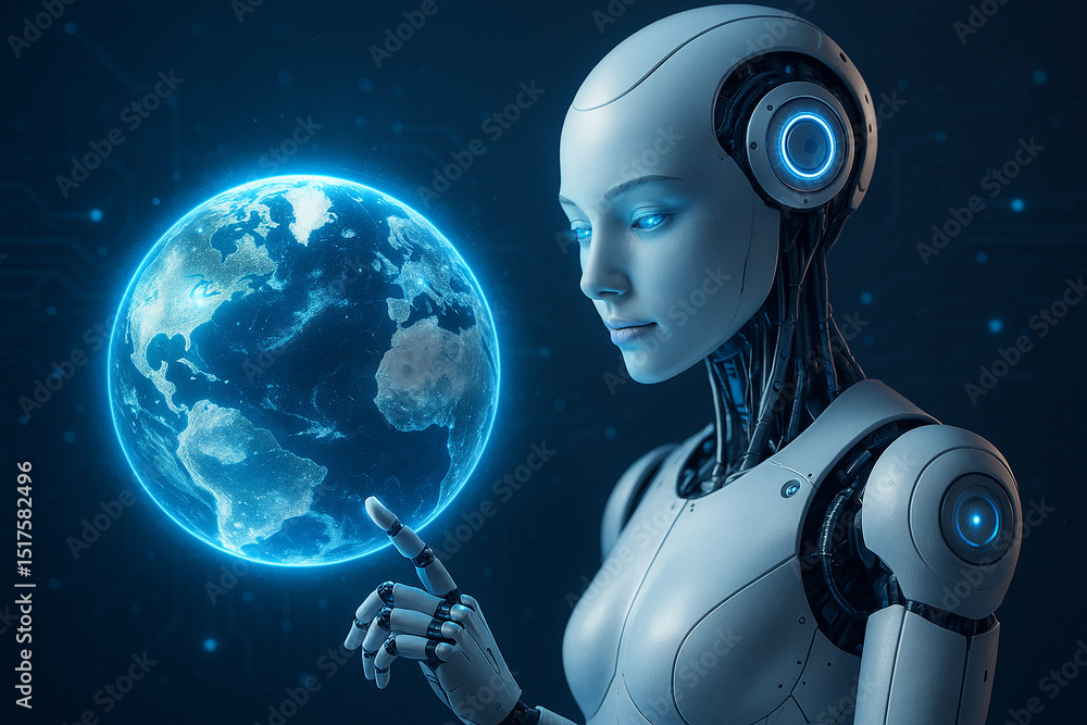 Poster ai generated futuristic female humanoid robot observing a glowing holographic earth surrounded by ci
