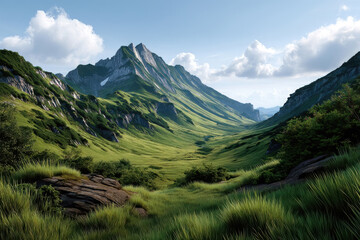 Fototapeta premium Serene mountain valley landscape under a blue sky