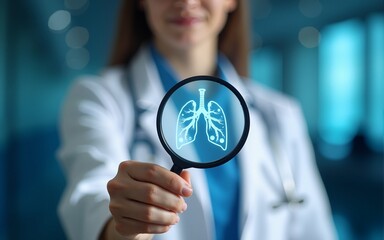 Cancer check concept. The doctor is holding a magnifying glass with Cancer cells icon to Medical check up breast, lungs, liver, colon, and cervical for Risk Assessment and disease diagnosis.