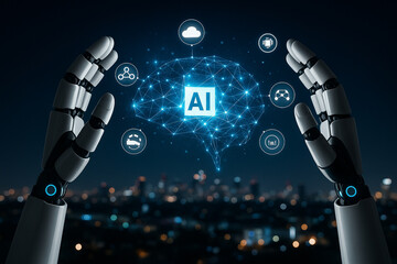AI generated image of robotic hands surrounding glowing digital brain with AI core and holographic data icons in futuristic cyber city background at night