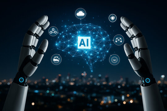 AI generated image of robotic hands surrounding glowing digital brain with AI core and holographic data icons in futuristic cyber city background at night