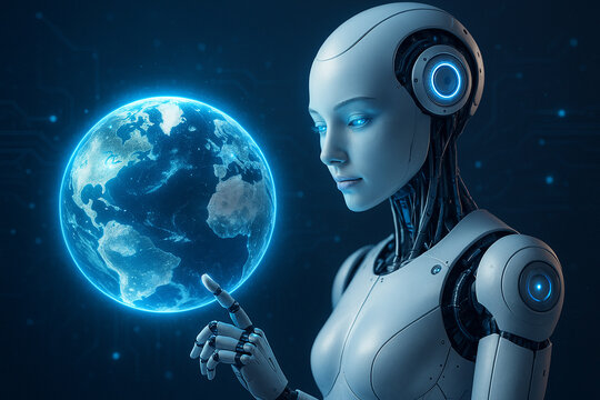 AI generated futuristic female humanoid robot observing a glowing holographic Earth surrounded by circuit patterns symbolizing technology intelligence care and global digital connection - Powered by Adobe