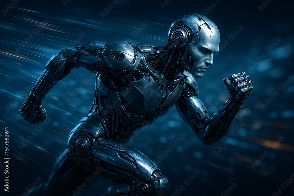 Poster ai generated image of a futuristic humanoid robot sprinting at full speed with motion blur, showcasi