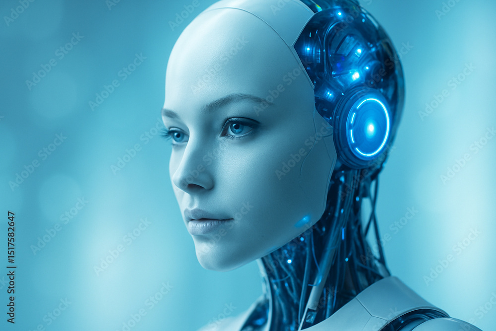 Aufkleber ai generated realistic female android with glowing blue circuits and humanlike features expressing i