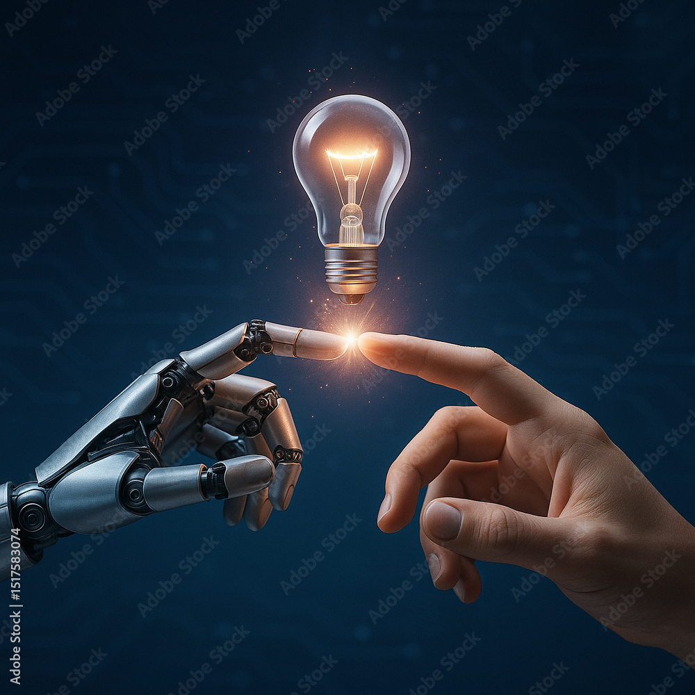 Aufkleber ai generated image of a robotic and human finger touching to spark a glowing lightbulb symbolizing c