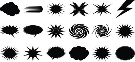 Comic flash explosion vector icons set with smoke, lightning, swirl, burst, jagged speech bubbles and blasts