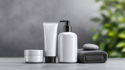 Minimal skincare product arrangement, Cosmetic mockup with towel and stone, Great for branding, wellness or spa concepts