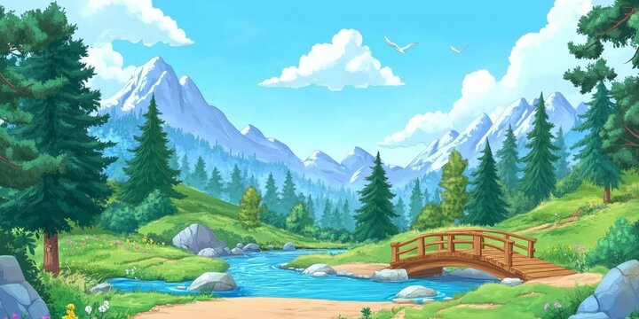 Beautiful mountain landscape featuring flowing river, wooden bridge, and lush pine trees under a sunny sky in vibrant cartoon style art