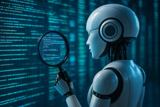 AI generated image of a futuristic robot analyzing digital code through a magnifying glass in a glowing data environment symbolizing precision focus and cyber intelligence