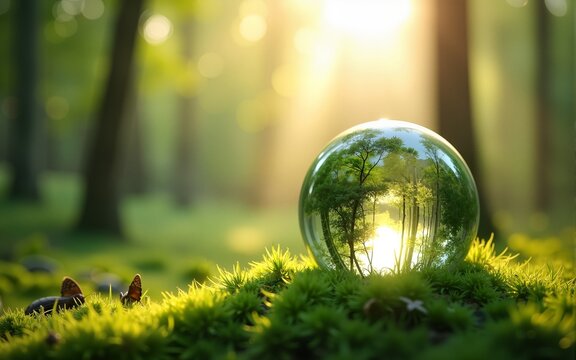 Globe Glass on green grass forest with sunlight. Environment, save world, earth day and conservation Concept. High quality