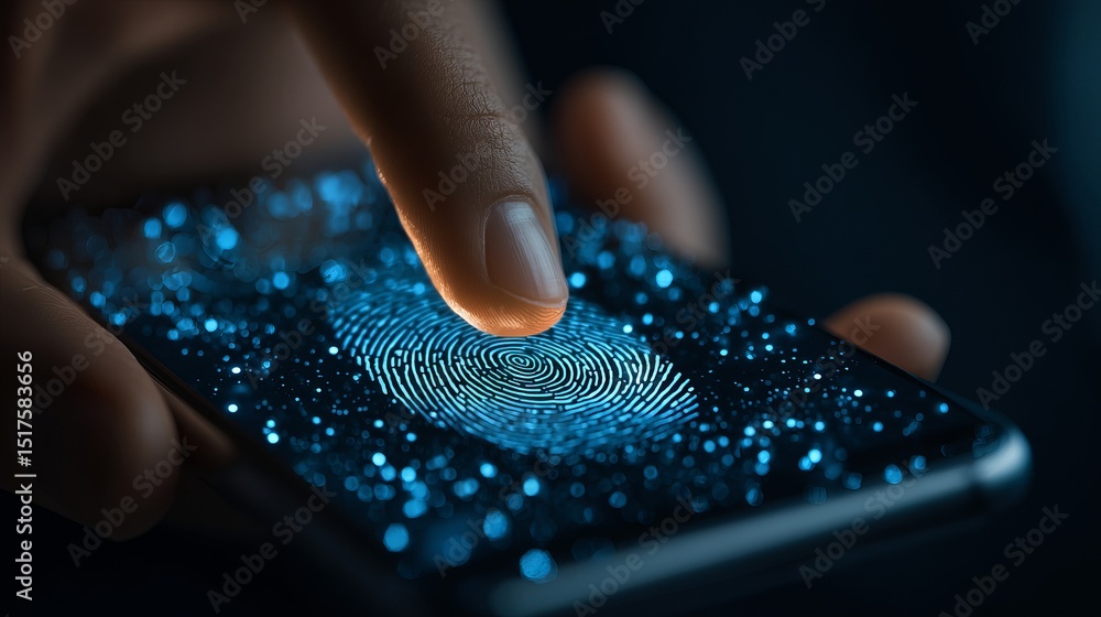 Poster digital fingerprint scan on modern smartphone screen blue light technology futuristic biometric secu
