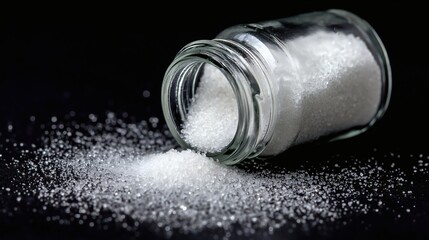 Salt spilled from glass jar, Coarse white crystals close-up, Suitable for food styling or kitchen cleanup themes