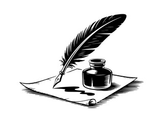 Vintage quill pen inkwell and paper illustration