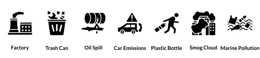 Pollution glyph icon set. factory, trash can, oil spill, car emissions, plastic bottle, smog cloud, marine pollution