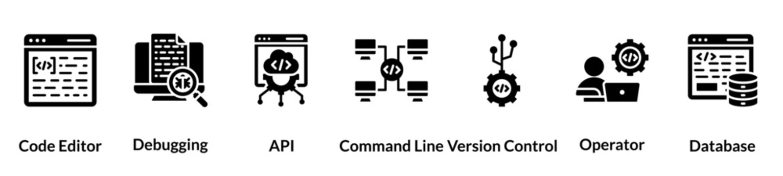 Programming glyph icon set. code editor, debugging, api, command line, version control, operator, database