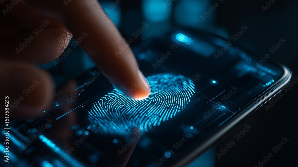 Poster Modern Digital Fingerprint Scanning Technology on Smartphone Screen Blue Light Futuristic Biometric Authentication Secure Access Mobile Security System Innovative User Interface   